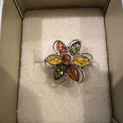 Sterling Silver Flower Amber Ring