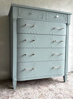 Cottage Shabby Chic French Glam Anthropologie Style Refinished Solid Wood Vintage Dresser Blue Green