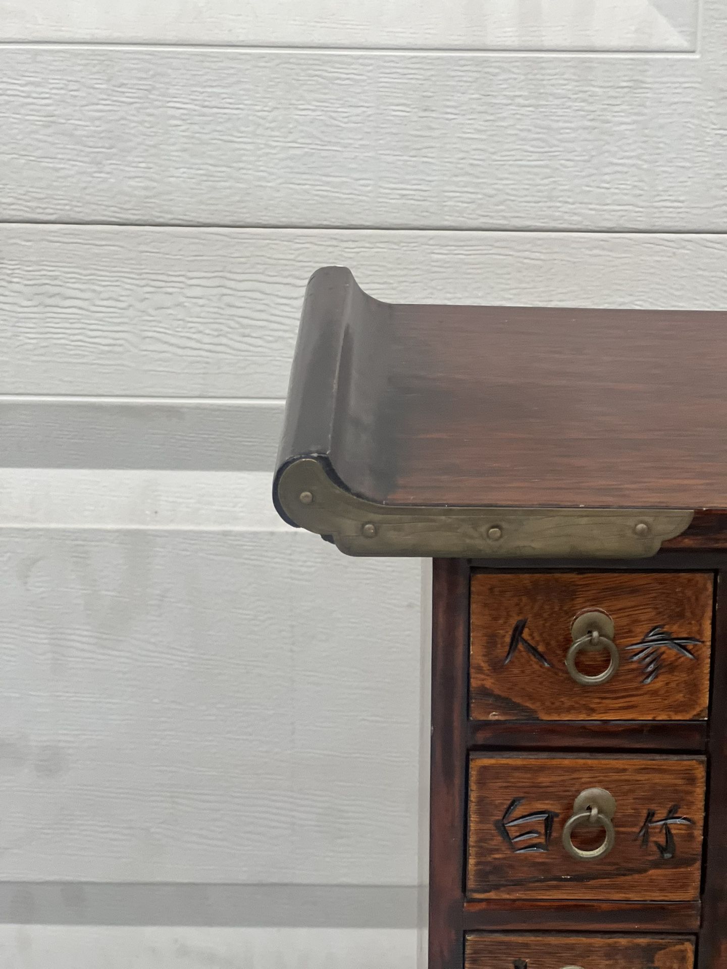 Asian Korea Wooden Brass Eleven Drawer Apothecary Chest/ Jewelry Trinket Box. Used in good condition with minor cosmetic blemishes. These blemishes ar