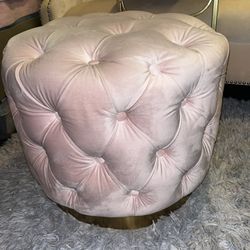 Pink Tufted Ottoman With Hola Bottom Trim