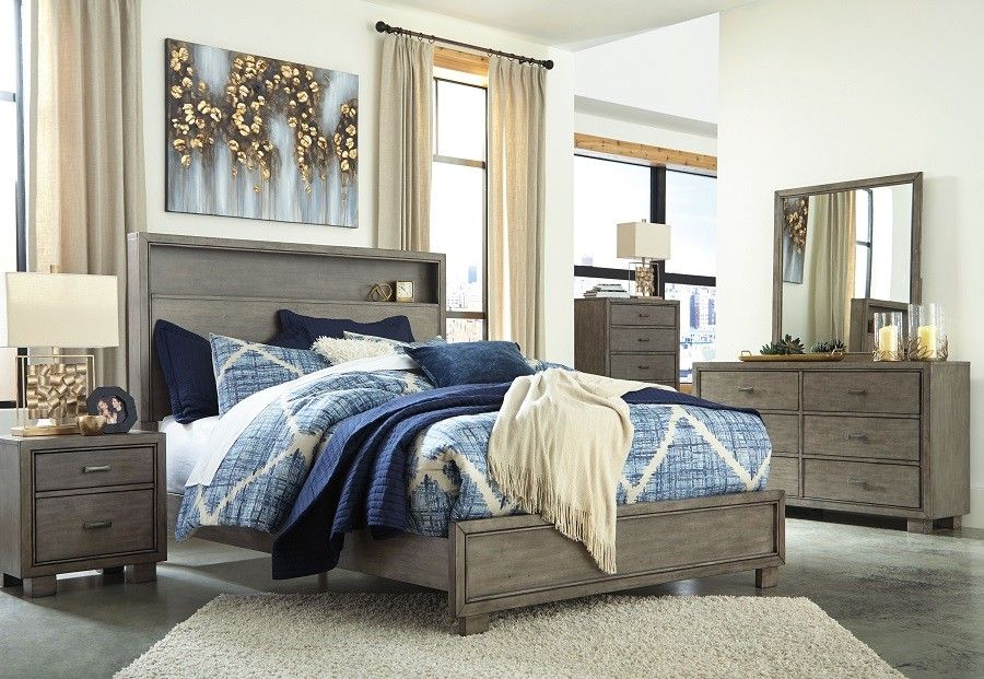 Gray-7 Pc.Dresser-Mirror-Chest-Queen Bookcase Bed-2 Nightstands