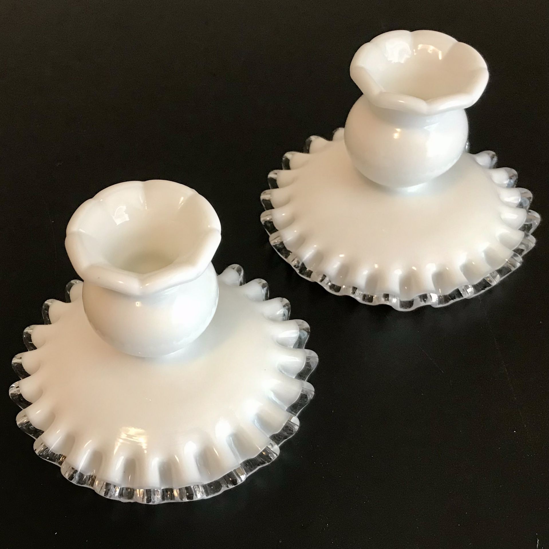 Vintage Fenton Milk Glass Silver Crest Candleholders - Set of 2