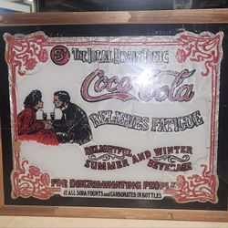 Vintage Coca Cola Glass Sign Advertising 5 cent The Ideal Brain Tonic Wood Frame