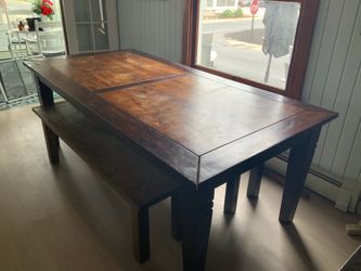 Rustic Farmhouse Dining Table Set with 2 Benches & Matching Wine Cabinet