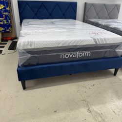 Full Size Bed Frame + Novaform Mattress $529 - Navy Blue Velvet
