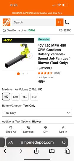 40V 120 MPH 450 CFM Cordless Battery Variable-Speed Jet-Fan Leaf Blower (Tool-Only)