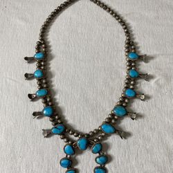 Vintage Navajo Turquoise Sterling Silver Squash Blossom Necklace