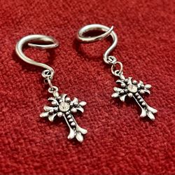 6g Silver Cross Rhinestone Punk Dangle Plugs Stainless Steel Ear Hooks Ear Gauges Body Jewelry