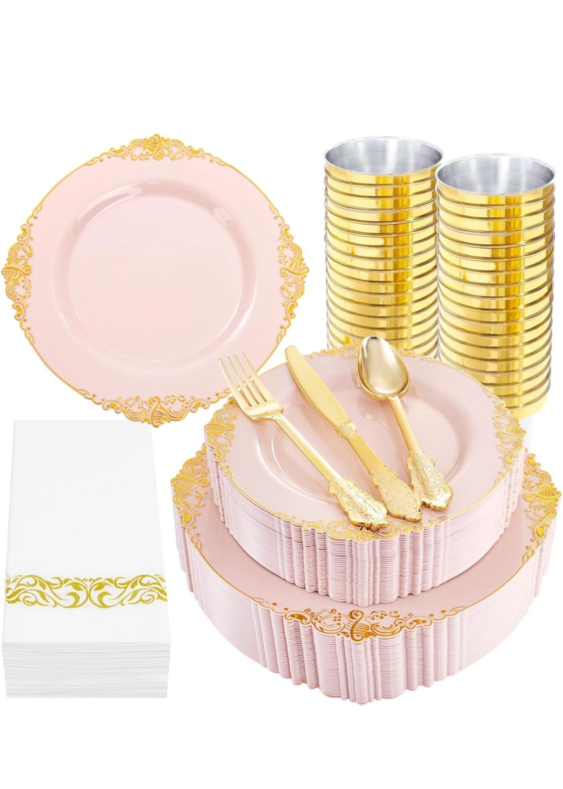 350PCS Pink Plastic Plates - Pink Plastic Dinnerware Sets for 50 Guests - 100 Disposable Plates, 150 Gold Silverware, 50 Cups, 50 Napkins for Wedding