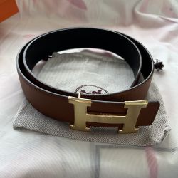 H Gold Buckle Brown Leather Belt 