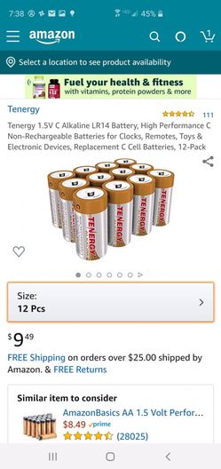 Tenergy 1.5V C Alkaline LR14 Battery, High Performance C Non-Rechargeable Batteries for Clocks, Remotes, Toys & Electronic Devices, Replacement C Cel