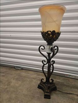 Black/Gold Metal Scrollwork Table Lamp with Glass Shade, Wall Plug-In Mediterranean Style
