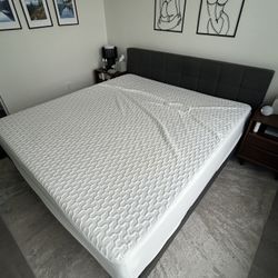 Upholstered Platform Bed Frame, Mattress Foundation,  Wood Slat Support, Grey, King Incl. 12” Memory Foam Mattress (no Stains)