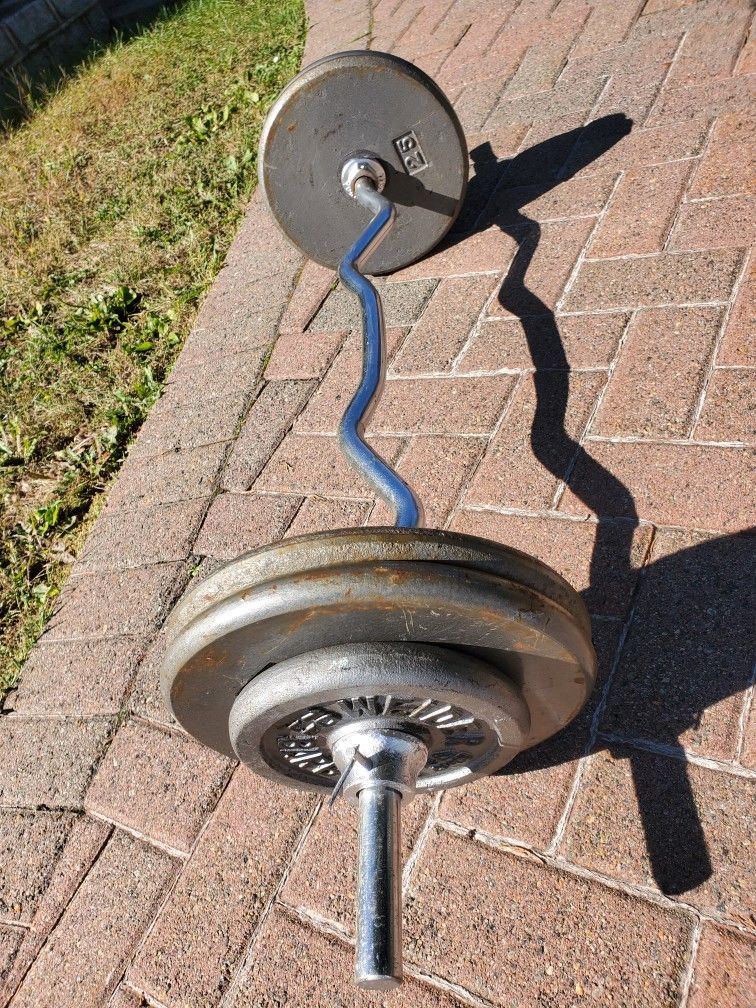 120 Lbs Weider Barbell Weights & A Curl Bar