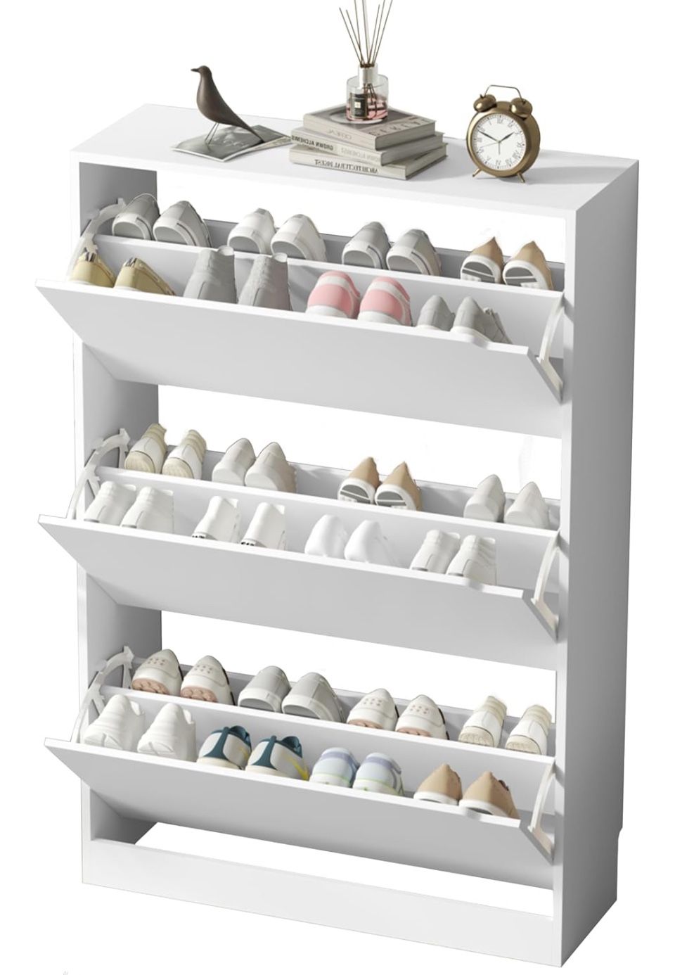 Shoe Cabinet with 3 Flip Drawers, Hidden Wooden Shoe Storage Cabinet, Freestanding Shoes Organizer Cabinet for Entryway Hallway, White