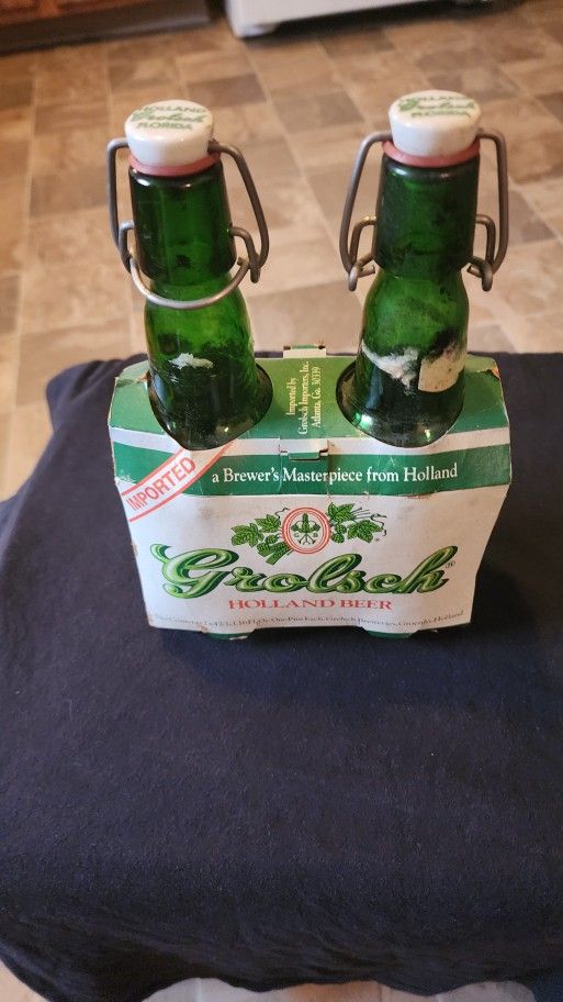 Vintage Collectible G R O L F C H Green Glass Beer Bottles With Porcelain Swing Cap Very Old And Excellent Condition