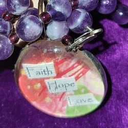 Faith, Hope & Love Pendant on Amethyst Bead Strand