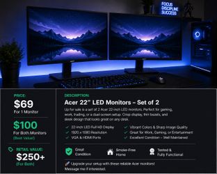 Like New Dual Acer Monitor Gaming / Work Setup (Retail $250+); 1 for 69$, 2 for 100$