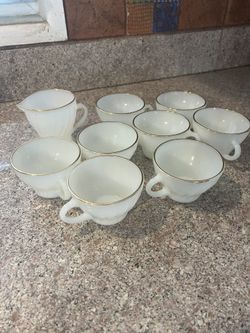 Vintage Fire King Anchor Hocking 8 cups, 1 creamer Milk Glass