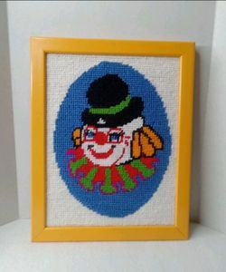 Vintage Framed Clown Cross Stitch 8" x 10.5"