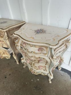 French Rococo Style Painted Nightstands Pair