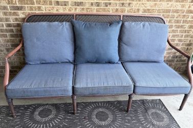 Outdoor Patio Sofa with Blue Cushions + Lounge Chair