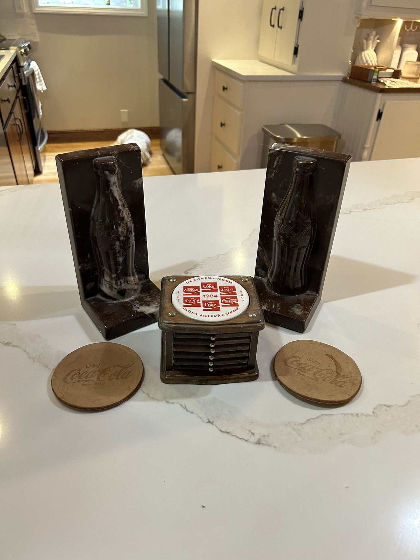 Vintage Coke Marble Bookends And Coasters