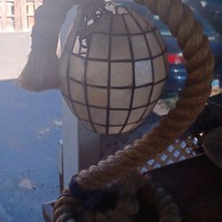 Unique Nautical Rope Lamp With Amber Glass Float Shade.