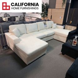 Modern Ivory Corduroy U-Shaped Sectional Sofa with Chaise