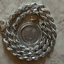 AMAZING 925 SILVER CHAIN STYLE ROPE 24” WITH SILVER BEZEL AND 1944  SILVER PESO RESPLANDOR UNCIRCULATED 
