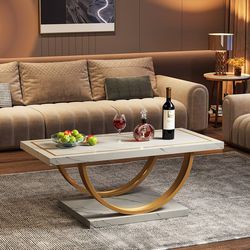 Tribesigns Modern Coffee Table White Gold Coffee Table Rectangle Coffee Table for Living Room, Engineered Wood Coffee Table with Faux Marble Veneer an