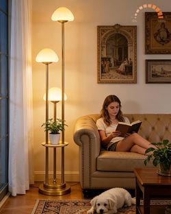Gold Dimmable Floor Lamp with Table,