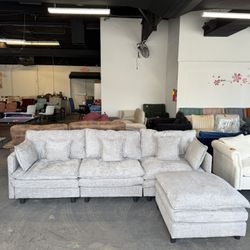 102-inch modular sofa with chenille fabric, including footstool and cushions(Grey) 💰499$  Decatur Location  2272 Lawrenceville Hwy Decatur, Georgia 3