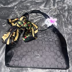 Black Coach Signature Canvas and Leather Shoulder Bag