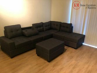 3 PCS FABRIC LEATHER SECTIONAL WITH DROP DOWN CUP HOLDER WITH OTTOMAN IN GRAY