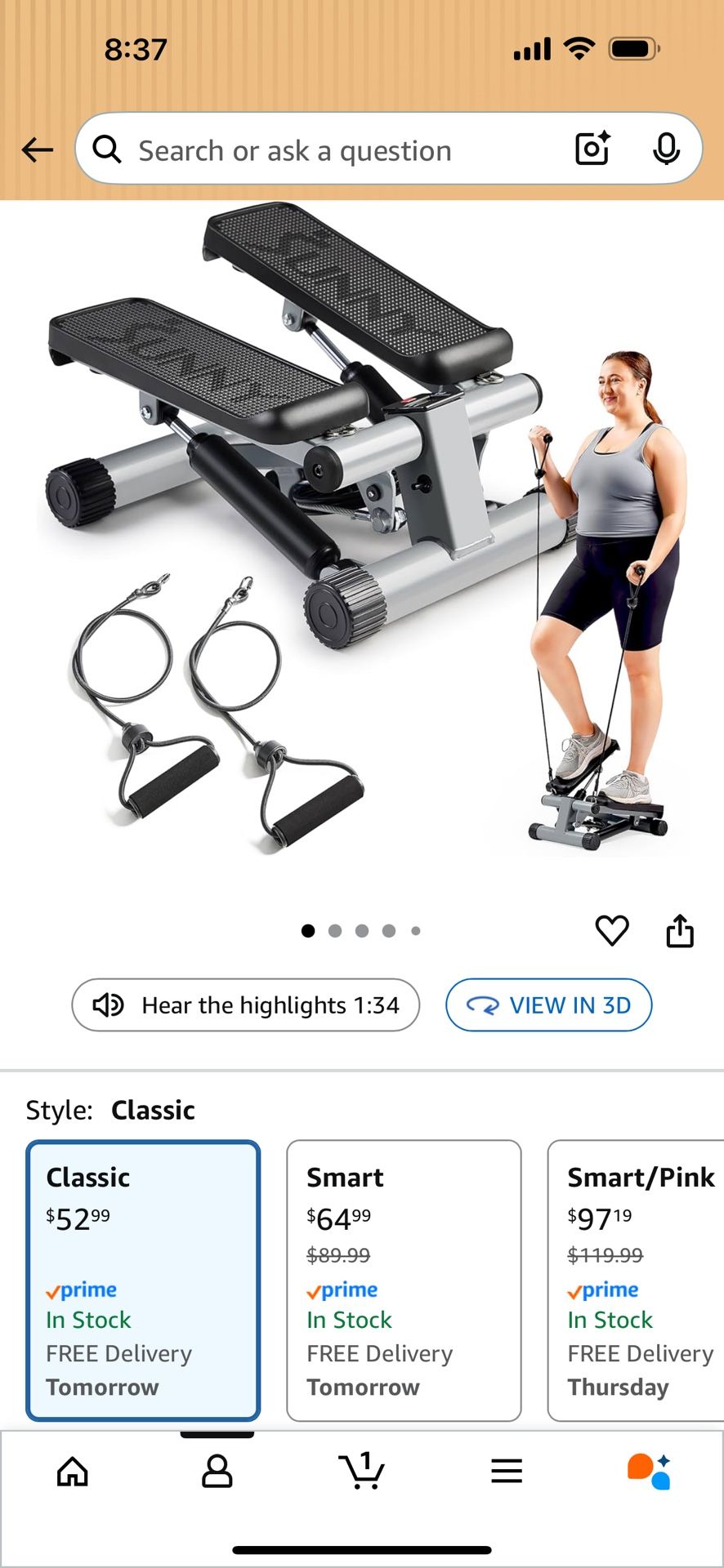 Sunny Health & Fitness Mini Stepper for Exercise at Home, Stair Step Workout Machine with Resistance Band and Over 300lb Weight Capacity, Optional Twi