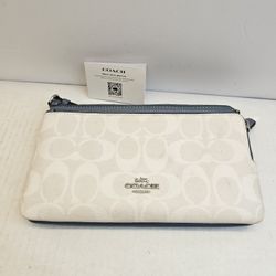Coach Women’s Double Zip Pebbled Leather Wallet – Blue & White – Classic Coach Style – RFID Card Slots