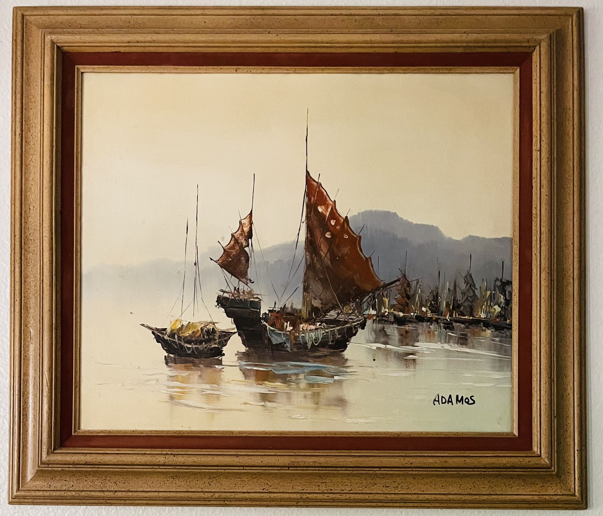 Framed Signed Boats Canvas Painting 32” X 28”