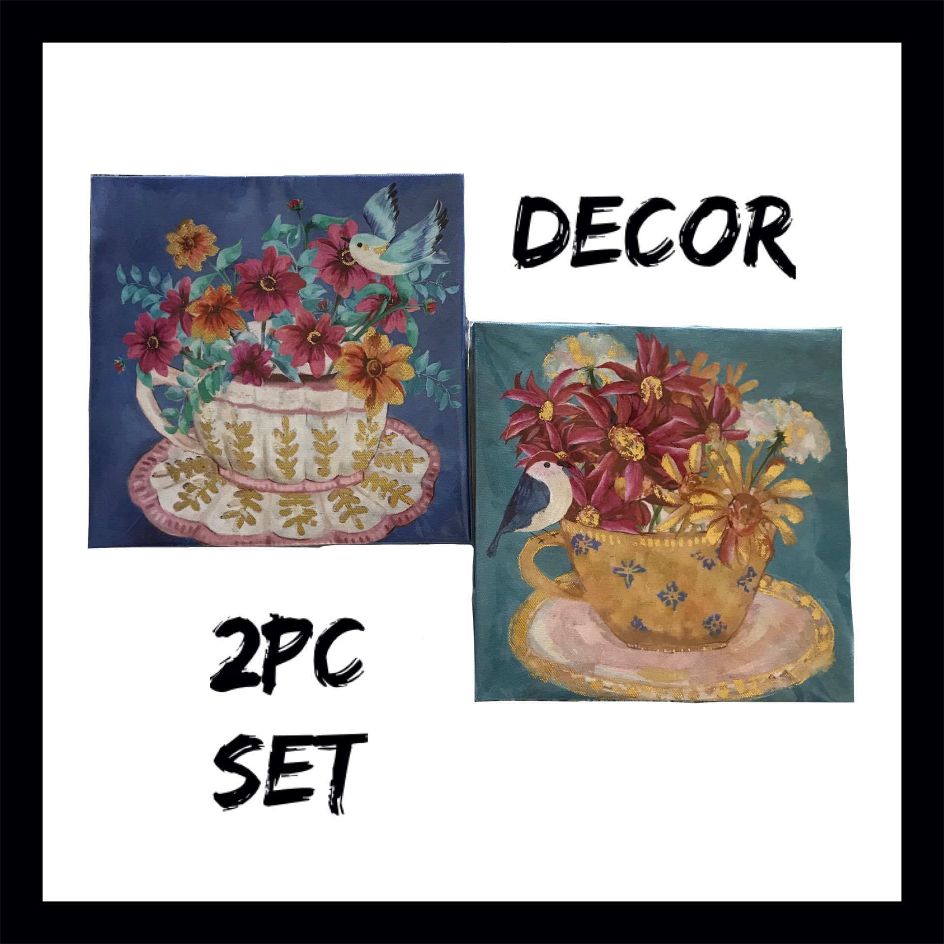 NIB 2Pc Bird/Floral/Cup Canvas Wall Art Set