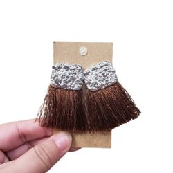 Pebbled Silver Toned Square Brown Tassel Post Earrings