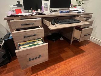 Beige Sauder Summit Station 66” W Executive Computer Desk, Laurel Oak