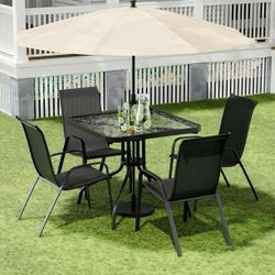5 Pieces Patio Dining Set, Outdoor Patio Chairs with Square Table, Breathable Back, Glass Tabletop, Metal Frame