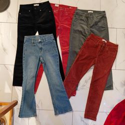Five Pairs of Girls ( Tween ) corduroy and velvet Pants Size 0 •  26 inch Waist