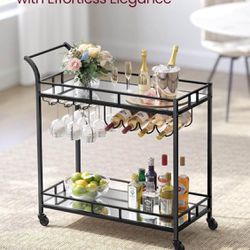 Bar Cart Black, Home Bar Serving Cart, Wine Cart with 2 Mirrored Shelves, Wine Holders, Glass Holders, for Kitchen, Dining Room, Black UL