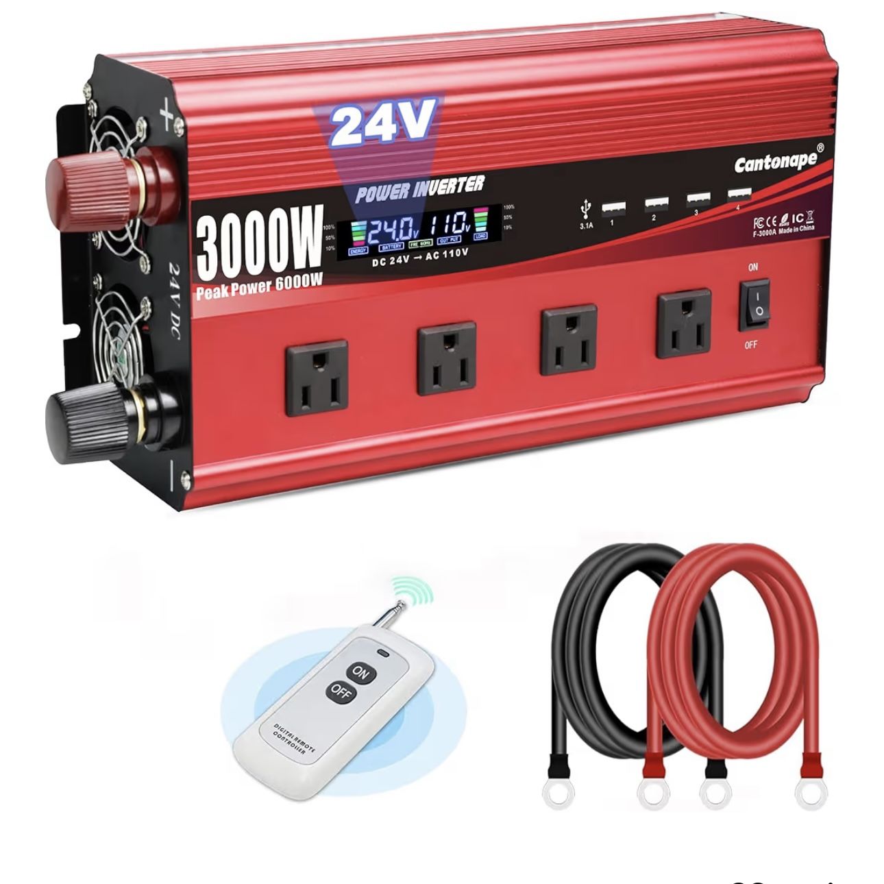 Cantonape 3000W Power Inverter 24V to 110V/120V DC to AC with LCD Display