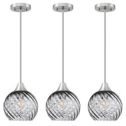 3 Pack 1 Light Hanging Indoor Kitchen Island Pendant Light 6.3" Clear Stripe Grey Glass Pendant Ceiling Light Fixtures Brushed Nickel Finish,Modern Fa