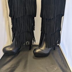 Women's Size 6 Black Fringe High Heel Boots