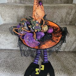$25.00 - Halloween Handcrafted Statement Accent!  Display With Hanging Witch Feet OR Use Hat Alone!  Colorful/Whimsical  & Like New!