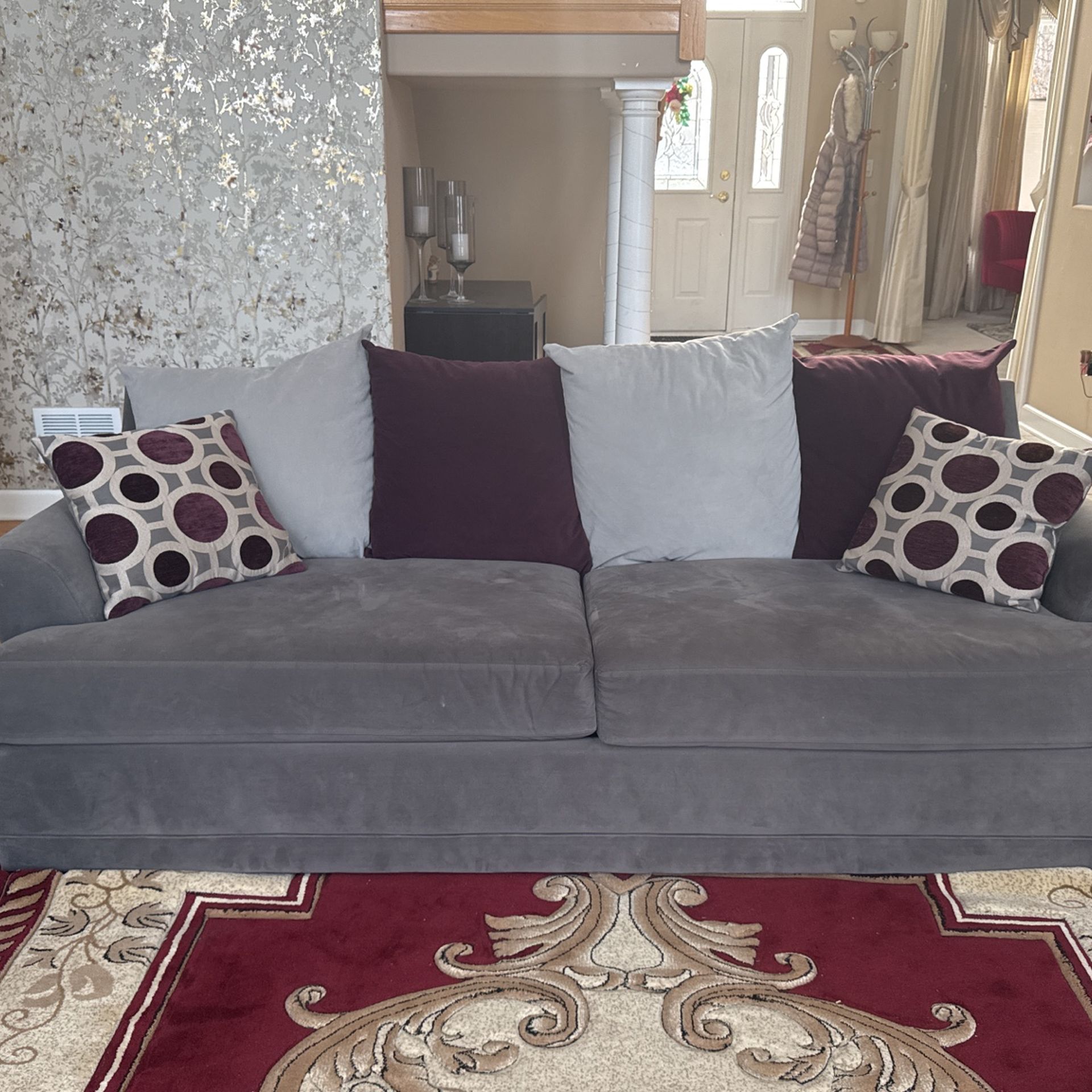 Grey And Burgundy Sofa And Love Seat Set