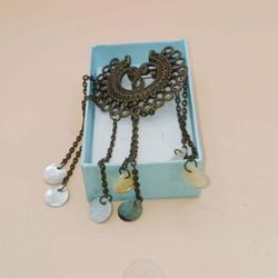 Vintage Etruscan Revival Bronze Pin with Mother of Pearl dangle disc pin/pendant